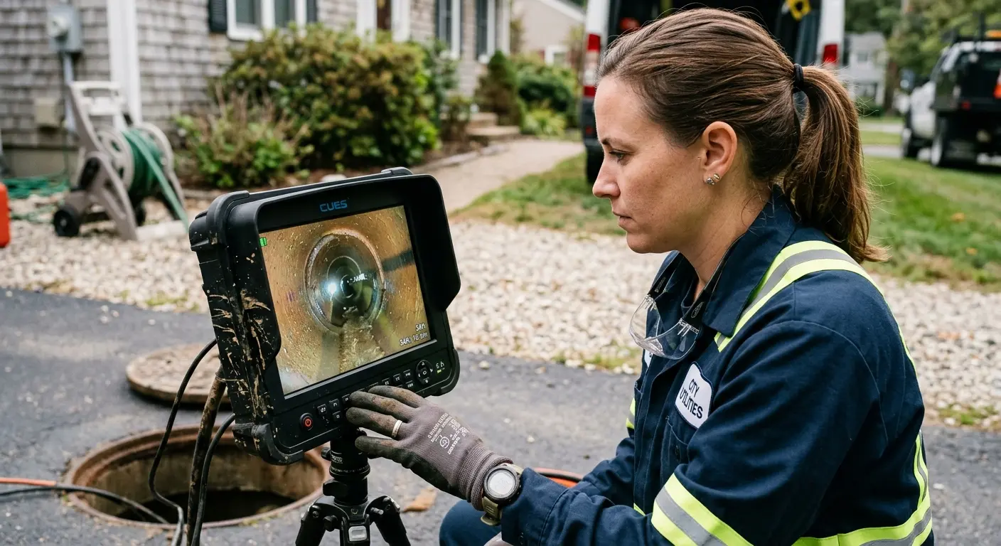 Technician reviewing sewer camera inspection footage in Genesee
