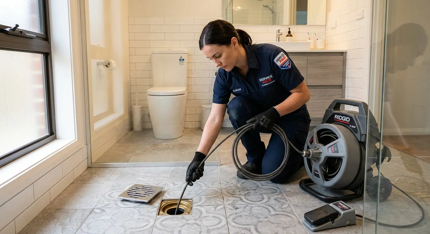 Technician clearing a bathroom floor drain for Hydro Jetting in Genesee